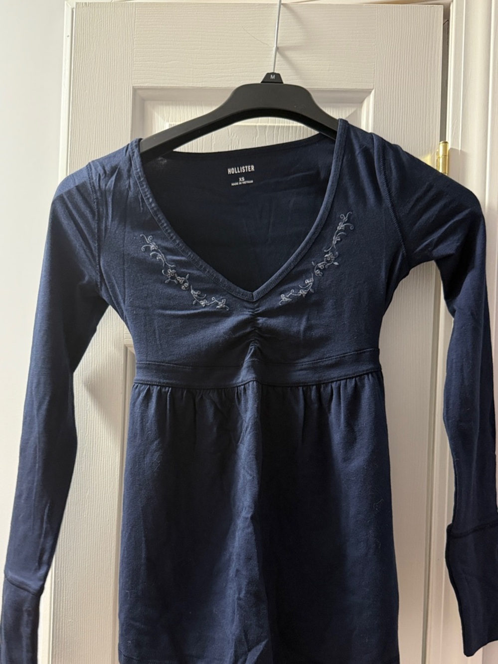 Hollister Navy Blue Long-Sleeve V-Neck Top with Embroidered Trim